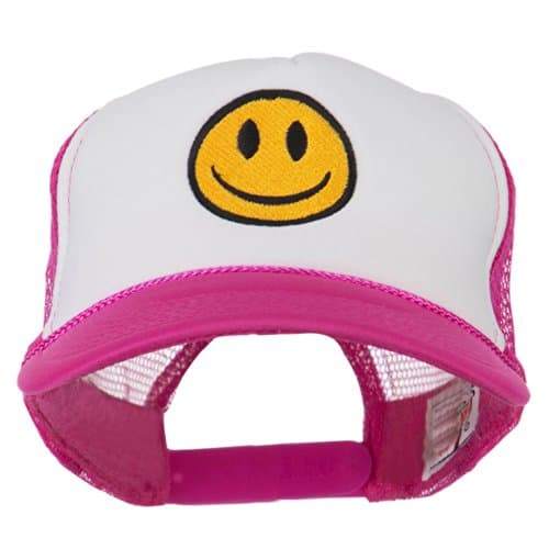 Image of Smiley Face Embroidered Foam Mesh Back Cap - Hot Pink White - Pink -