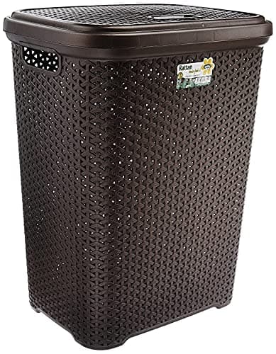 Image of Rattan Design Plastic Laundry Hamper Storage Basket 55L With Lid (Brown)