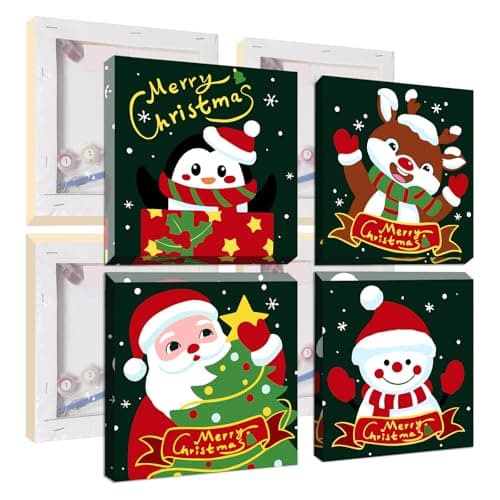 Image of Jawecci 4 Pack Christmas Framed Paint by Numbers Kit for Adults - Santa Claus Paint by Numbers Snowman Kits on Canvas with Accessories for Gifts Home Decor 8X8 Inch