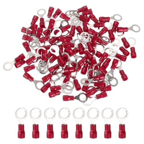 Image of sourcing map 100 Pcs RV1.25-6 Insulated Ring Electrical Wire Connectors Wire Terminals Wire Crimp Connector Kit 22-16 AWG for Electrical Projects Industrial Chemical Industry, Red