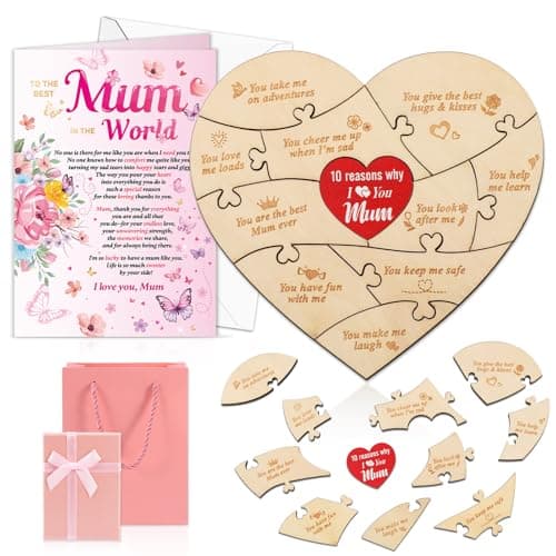 Image of HOWAF Mum 10 Reasons Why I Love You Hearts Puzzle Wooden Set, Mum Gifts with Greeting Card Bow Gift Box Bag Birthday Mothers Day Presents from Daughter Son
