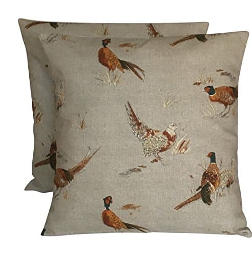 Image of 2 x 16" x 16" (40cm x 40cm) Pack Of Two Fryetts Pheasants Natural Linen Brown Orange Cream Cushion Covers