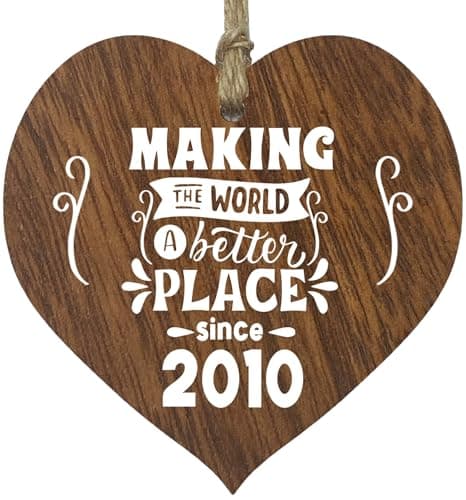 Image of 15th Birthday Wooden Heart Plaque - Making the world a better place - Dark Wood Sign Keepsake, Celebrate Crystal Birthday Nan Grandad Mum Dad, Plaque with Quotes Gifts from the Family