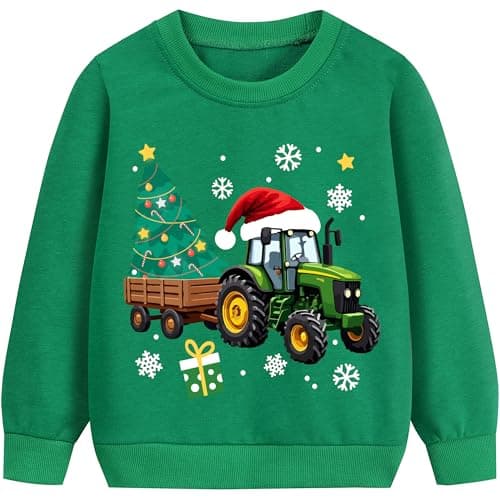 Image of DHASIUE Kids Boys Tractor Christmas Sweatshirts Long Sleeve Cotton Shirts Tops Toddler Xmas Tree Jumper Pullover Clothes Age 5-6 Years