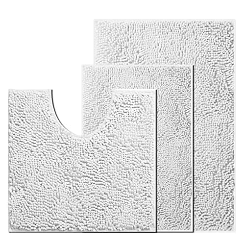 Image of UHOUSEST Bathroom Mat Set of 3, Bath and Toilet Mat Set,Ultra Soft Chenille Bath Mat Non Slip,Bath Mat Sets 3 Piece Washable,Super-Absorbent Bath(White bath set)