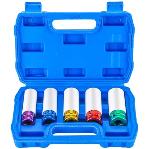 Image of DASBET 5PCS Lug Nut Impact Socket Kit 1/2 Inch Drive Impact Wheel Nut Socket Set Thin Wall Deep Wheel Protector Sockets 6 Point, Metric 15mm, 17mm, 19mm, 21mm, 22mm