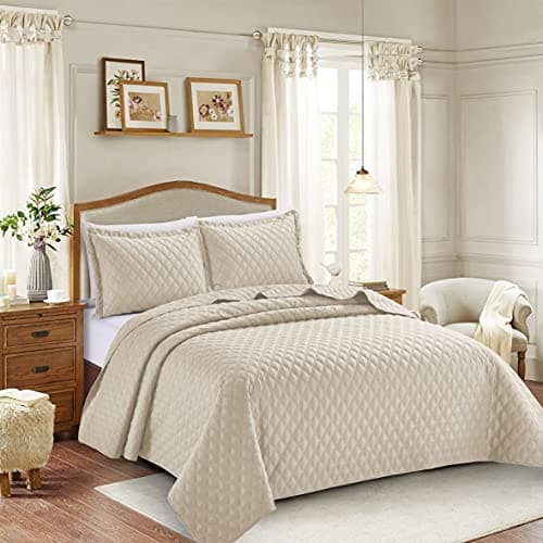 Image of PRIME LINENS 3 Piece Inspiration Quilted Bedspread Embossed Pattern Comforter Bedding Set Bed Throw with Pillow Case (Beige, King 3 Piece)