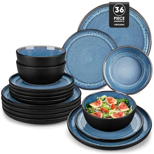 Image of vancasso Dinner Sets for 12 People, 36-Piece Reactive Glaze Dinner Set, Mediterranean Crockery Set with Dinner Plates, Dessert Plate and Cereal Bowls, Playa Blue
