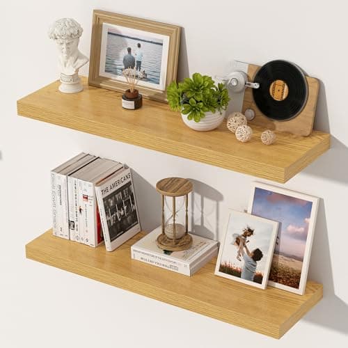 Image of 29.5cm Deep Floating Shelves for Wall, 60cm Oak Floating Wall Shelves Wooden Wall Mounted Shelving, Extra Wide Storage Shelves for Kitchen, Bathroom, Living Room & Bedroom Organizer, Set of 2