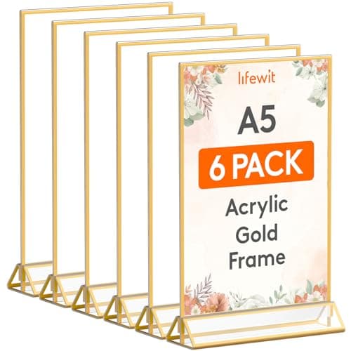 Image of Lifewit 6 Pack A5(14.8 x 21cm) Acrylic Sign Holder with Gold Borders, Clear Vertical Double-sided Stand, Plastic Menu Holders, Table Number Holders Picture Frames for Wedding, Party, Restaurant decor