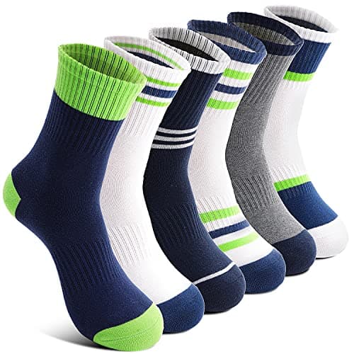 Image of Welwoos Kids Boys Socks Athletic Sport Crew Breathable Cotton Trainer Basketball Running Gift Socks 6 Pairs Stocking Fillers((Green White,5-8Y)