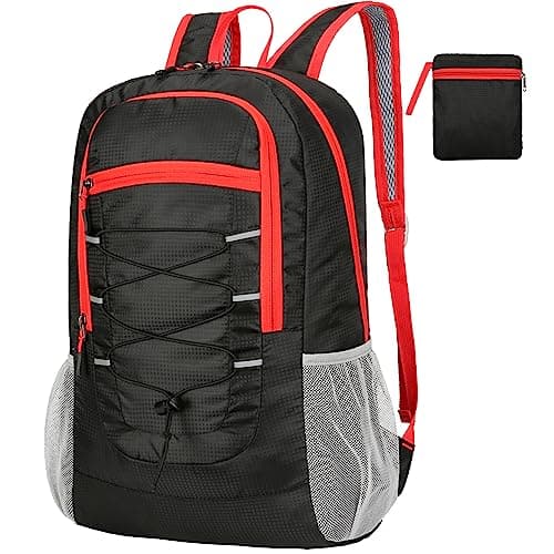 Image of Alitifiy Lightweight Foldable Backpacks, 30L Packable Waterproof Small Hiking Bags & Packs Knapsack Daypack Handy for Men Women Ladies Kids Travel Camping Outdoor Rucksack Bag Pack (Black Red-2)