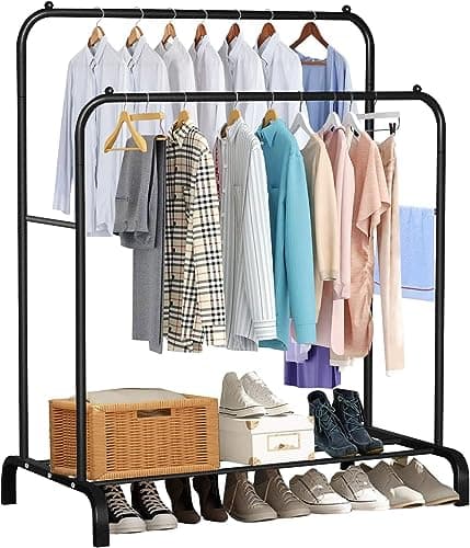 Image of Holdfiturn Clothes Rail Metal Double Pole Clothing Rail for Bedroom 144 * 110 * 55cm Hanging Rails Heavy Duty Clothes Rack Coat Rack with Hooks and Shoe Storage Shelf Black