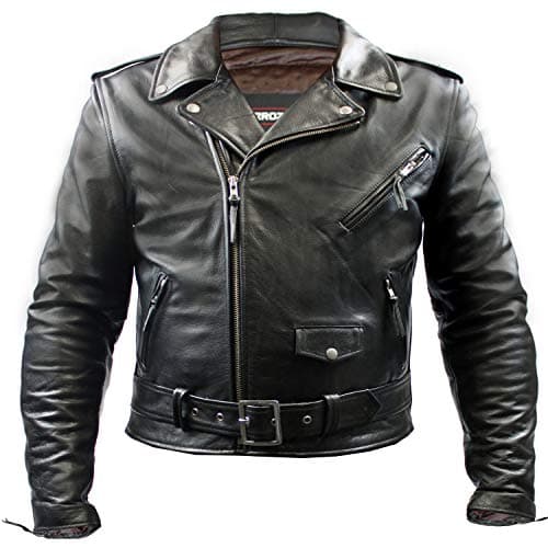 Image of KEROZEN Brando Motorcycle Jacket for Men Vintage Cow Leather Approved Perfecto Chopper Jacket Biker Fashion with CE Armour Protection, BLACK-COW, XL