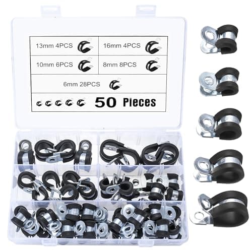Image of 50 Pcs Carbon Steel Rubber Lined P Clips Assorted, Rubber Cushioned R Clamps, Metal Wire Cable Clamps Conduit Clips for Hose Tube - 6mm 8mm 10mm 13mm 16mm