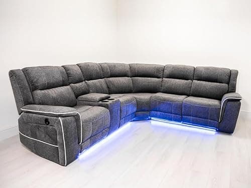 Image of Hannah Electric Recliner 3+2 Sofa Set With Cupholders – 3+2 Seater – Soft Grey Micro Fabric – LED Lights & USB Ports (Corner)