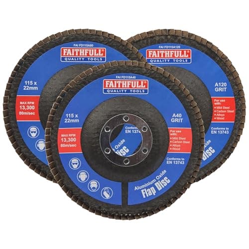 Image of Faithfull FAIFD115AM3 115mm Flap Disc Aluminium Oxide Set – 40/80/120 Mix Grit, Angle Grinder Discs for Sanding Steel, Wood, Alloys – 3PCS