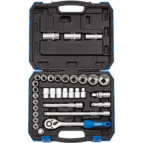 Image of Draper 33 Piece Square Drive Combined 1/2-Inch Socket Set with Ratchet & Case - MM/AF - DIY Home Professional & Car Kit, Blue