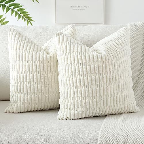 Image of JOTOM Corduroy Soft Striped Decorative Throw Pillow Covers 22x22 Inch Cushion Covers 55x55 cm Cushion Case Square Pillowcase for Couch Sofa Living Room Bed Home Boho Decor Set of 2 (Cream White)