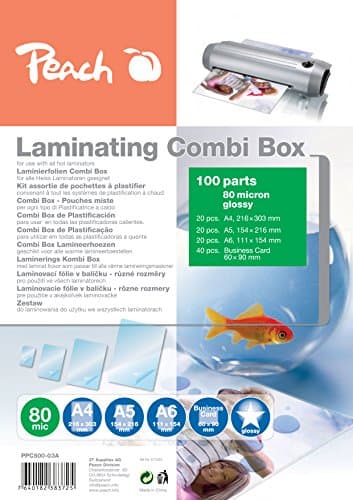 Image of Peach PPC500-03A Laminating Pouches Economy Set 100 Films | A4, A5, A6 and Business Card | 2 x 80 mic | Glossy Finish | Compatible with Laminators of All Brands