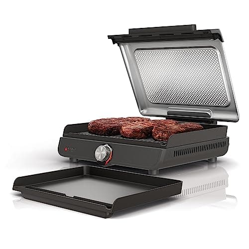 Image of Ninja GR101 Sizzle Smokeless Indoor Grill & Griddle, 14'' Interchangeable Nonstick Plates, Dishwasher-Safe Removable Mesh Lid, 500F Max Heat, Even Edge-to-Edge Cooking, Grey/Silver
