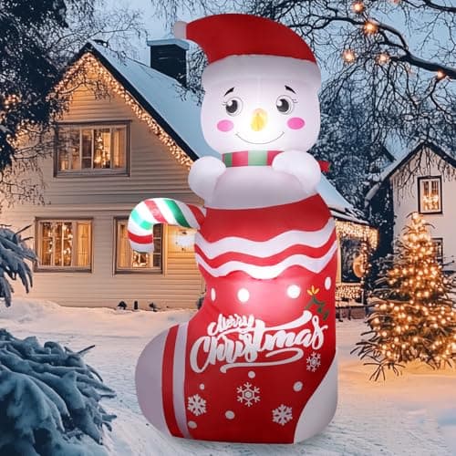 Image of NUZEKY Christmas Inflatable Outdoor Decorations: 8FT Blow Up Snowman in Socks with Built-in LED Lights for Christmas Yard Garden Lawn Holiday Decor