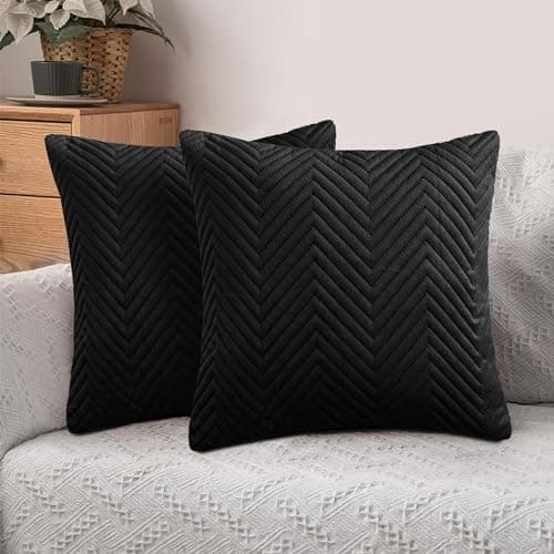 Image of Hafaa Cushions with Covers Included 45 x 45 Cm Set of 4 (2 Black Cushion Covers, 2 Cushion Inserts) - Ultrasonic Velvet Square Throw Pillow Case Decorative Sofa Cushion with Invisible Zipper