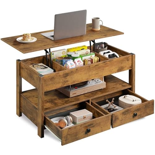 Image of WLIVE Coffee Table 100cm, Lift Up Coffee Table with 2 Drawers, Large Hidden Hidden Compartment and Open Shelf, Lift Tabletop, Dining Table for Living Room (Brown, with 2 Drawers)