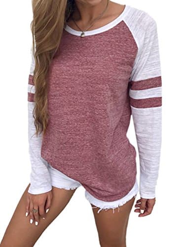 Image of Famulily Women's Long Sleeve Baseball Tee Shirt Crew Neck Colorblock Striped Tops(Red,Medium)
