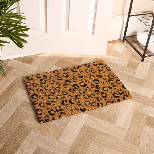 Image of OHS Leopard Print Door Mats Outdoor Indoor, Washable Coir Door Mats Non Slip Stylish Dirt Trapper Doormats Heavy Duty Welcome Mat Front Doors Entrance Mat, Brown - 40 x 60cm