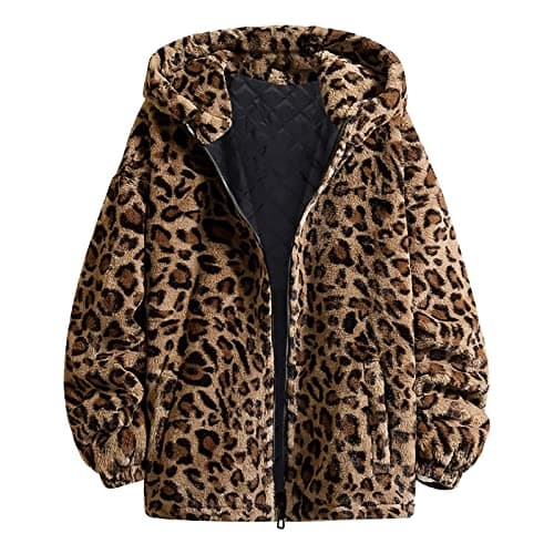 Image of Duohropke Women's Leopard Coat Teddy Plush Parka Faux Fur With Pocket Fuzzy Warm Coat Autumn Winter Long Sleeve Winter Jacket Women Oversized Outwear Casual Faux Fur Jacket Leo Oversize, 02 Brown, M
