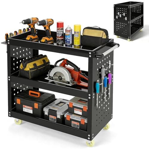 Image of 3-Tier Tool Trolley on Wheels - Heavy-Duty Rolling Utility Cart, Multi-Purpose Mobile Workshop Trolley for Garage, Kitchen, Lab & Home Organization