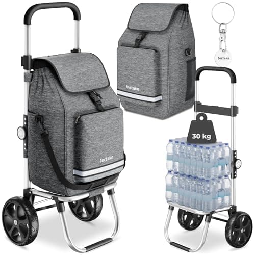 Image of tectake® 3-in-1 Folding Shopping Trolley on Wheels, Suitable as Shopping Cart, Sack Barrow & Shoulder Bag, 45.5L Folding Trolley with Aluminium Frame, Insulated Cooler Bag & Adjustable Handle - Grey
