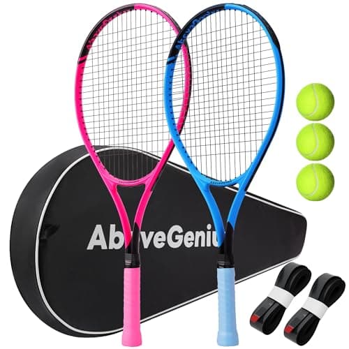 Image of AboveGenius Neon Pink & Blue Tennis Rackets 2 Pack for Adults - 27" Lightweight Aluminum Tennis Racquet Set with 3 Balls & Bag - Stylish Matte Pop-Color Starter Kit for Couples & Friends