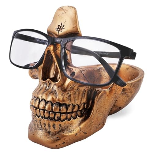 Image of VIPbuy Skull Glasses Holder Stand , Novelty Eyeglass Holder Rack with Storage Tray for Nightstand, Resin Skull Head Statue Sculpture Home Office Desk Decor Gift (Golden)