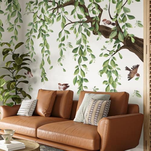 Image of Runtoo Large Tree Wall Decals Green Plant Hanging Vine Leaves Wall Stickers for Living Room Bedroom Nursery Wall Decor