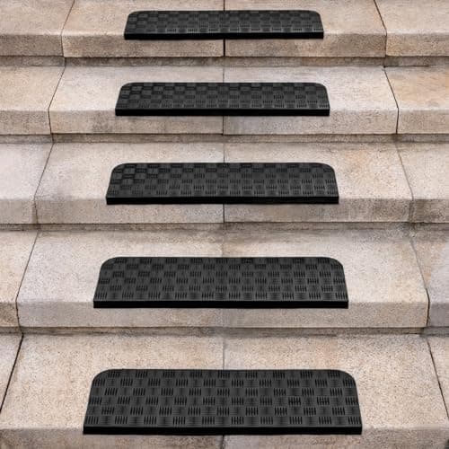 Image of Spurtar Set of 5 Non Slip Rubber Stair Treads with Bullnose, 25.5 x 10 in Thick Stair Mats for Indoor Outdoor Steps, Anti Slip Rubber Matting Stair Covers for Wooden, Concrete & Patio Stairs