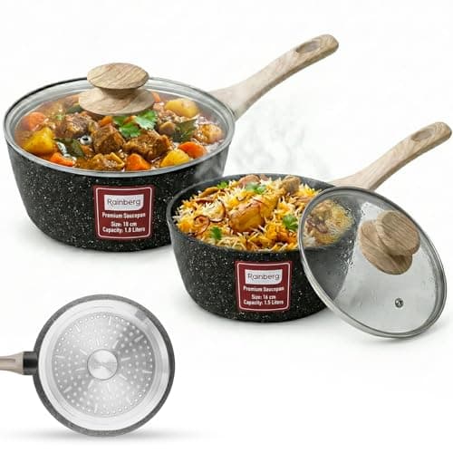 Image of Rainberg Saucepan with Lid, Nonstick Milk Pan Suitable with Induction, Gas and Electric Hobs, Cooking Pot with Pour Spout. (Black, 2PK 16 & 18cm)