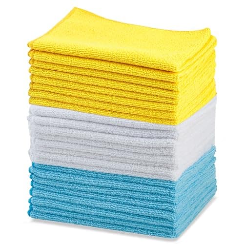 Image of Amazon Basics Microfibre Cleaning Cloth, Pack of 24, Multi Colored, Blue, Orange & White, 40.5 cm x 30.5 cm