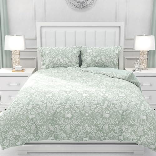 Image of Chlophy Sage Green Double Bedding Set Duvet Cover Set Woodland Animals Floral Forest Fox Deer Spring Textured Flower Leaves Luxury Cottage Squirrel Bee Insect Bedding Set 200x200