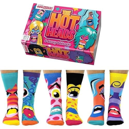 Image of United Oddsocks The Hot Heads Gift Box – 6 Sassy Odd Socks for Women – UK 4-8 EUR 37-42 US 6.5-10.5 – Colourful Novelty Crew Present, Bold Cartoon Faces, Cotton Rich Mix and Match Statement Set