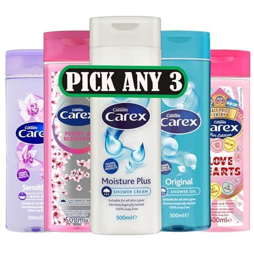 Image of Cussons Carex Shower Gel & Bath Set – Pick Any 3 – Moisture Plus, Peony & Blossom, Original, Love Hearts – 500ml Each – Dermatologically Tested, 100% Soap-Free