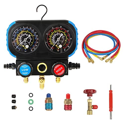 Image of KAISAL 3 Way AC Manifold Gauge Set for Freon Charging, Fits R1234YF R404A R12 Refrigerants, Double Dial & 3 Valve Automotive AC Gauges with 5FT Thickened Hoses,Adjustable Couplers and Can Tap