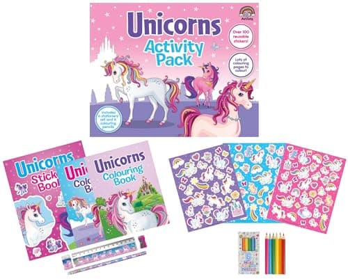 Image of Anila's Unicorn Activity Pack with Colouring Books, Sticker book, Stationery Set, Colouring Pencils & 100 Reusable Stickers.(Perfect for children aged 3-8). (Unicorn)