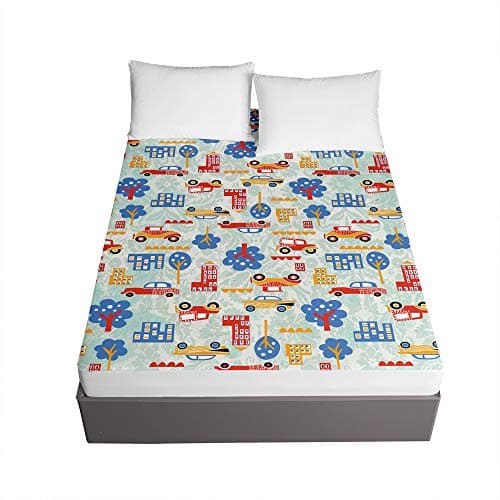 Image of Chickwin Child Fitted Sheets for Single Double King Bed, Cartoons Car Printed Bedding Sheets Deep Pocket 30cm - Soft Microfibre Easy Care Shrinkage Fade Resistant (Red car,180x200x30cm)