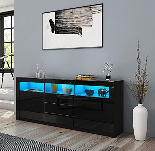 Image of Sideboard Cabinet, High Gloss Sideboards TV Stand Unit 2 Doors 3 Drawers with LED Light Storage Cupboard for Living Dining Room 160x35x72cm (Black)