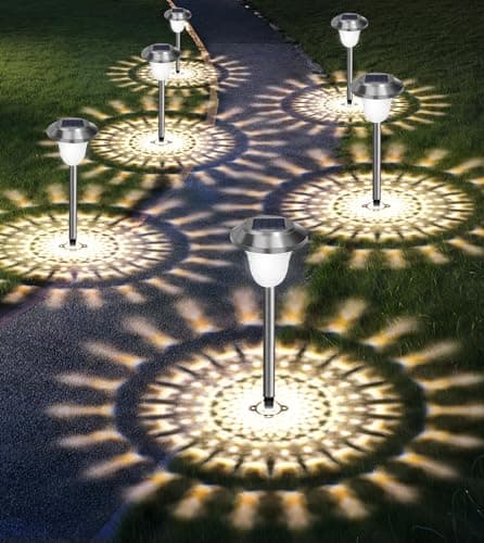Image of 4 Pack Bright Solar Lights Outdoor Garden IP65 Waterproof,Full Stainless Steel Made Solar Stake Lights,Dusk to Dawn Up to 12 Hrs,Auto On/Off Solar Powered Landscape Lights for Walkway Patio Yard