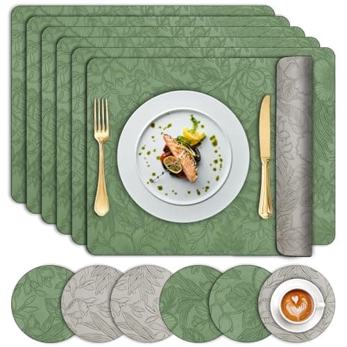 Image of Placemats and Coaster Sets 6, Dual-Sided Leather Floral Table Mats 30x43 cm, Heat Resistant Non-Slip Wipeable, Washable Two-Color Kitchen Place Mats for Home Dining Table Restaurant Hotel (Green Grey)