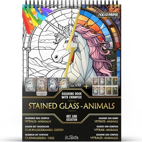 Image of In Textu – Stained Glass - Animals – Adult Coloring Book with Inspiring Colored Examples – Premium 200gsm Paper – Fine Spiral Binding – Relaxing and Creative Coloring Book