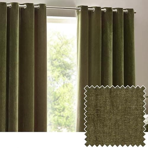 Image of Yard Heavy Chenille Eyelet Curtain Pair – Lined Room Darkening, Soft Velvet Home Décor (Olive - Width 117 x Drop 137cm)